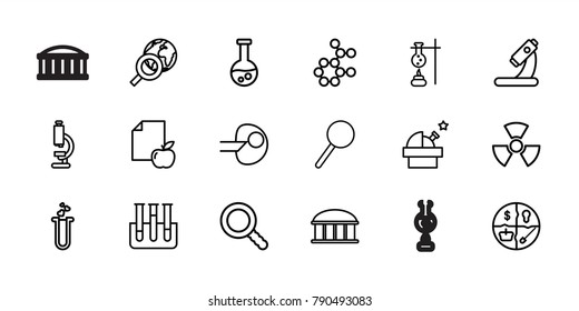 Research icons. set of 18 editable outline research icons: observatory, microscope, test tube, paper and apple, core, atom, heart test tube, globe search, marketing, magnifier