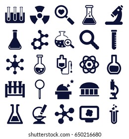 Research icons set. set of 25 research filled icons such as observatory, drop counter, microscope, heart search, heart test tube, test tube, magnifier, test tube search