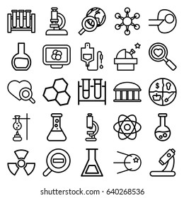 Research icons set. set of 25 research outline icons such as observatory, test tube, drop counter, heart search, microscope, zoom out, radiation, atom, core, atom on display