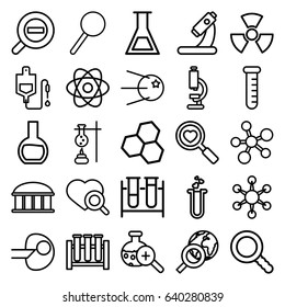 Research icons set. set of 25 research outline icons such as observatory, test tube, drop counter, heart search, microscope, heart test tube, magnifier, test tube search