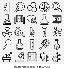 Research icons set. set of 25 research outline icons such as test tube, drop counter, heart search, microscope, magnifier, test tube search, zoom out, radiation, atom