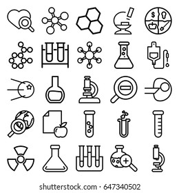 Research icons set. set of 25 research outline icons such as paper and apple, test tube, drop counter, heart search, heart test tube, microscope, test tube search, zoom out