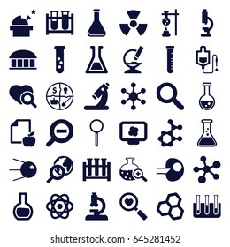 Research icons set. set of 36 research filled icons such as observatory, paper and apple, test tube, drop counter, heart search, microscope, magnifier, test tube search