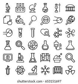 Research icons set. set of 36 research outline icons such as observatory, paper and apple, test tube, drop counter, heart search, microscope, heart test tube, magnifier