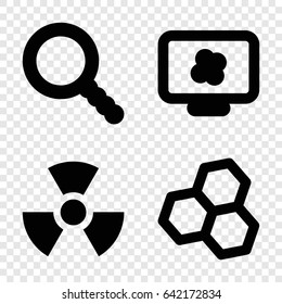 Research icons set. set of 4 research filled icons such as search, radiation, atom on display