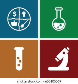 Research icons set. set of 4 research filled icons such as microscope, marketing