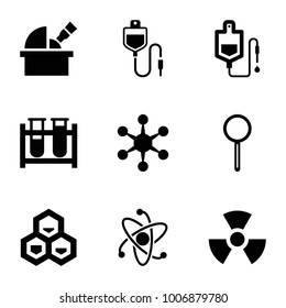 Research icons. set of 9 editable filled research icons such as test tube, drop counter, magnifier, virus, radiation, chemical structure, atom