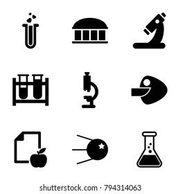 Research icons. set of 9 editable filled research icons such as observatory, microscope, paper and apple, test tube, core