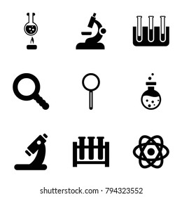 Research icons. set of 9 editable filled research icons such as microscope, atom, test tube, magnifier