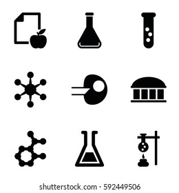 research icons set. Set of 9 research filled icons such as observatory, paper and apple, test tube, core, atom