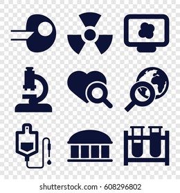 Research icons set. set of 9 research filled icons such as observatory, test tube, drop counter, heart search, radiation, globe search, core, microscope