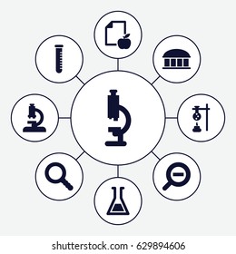 Research icons set. set of 9 research filled icons such as observatory, paper and apple, test tube, search, zoom out