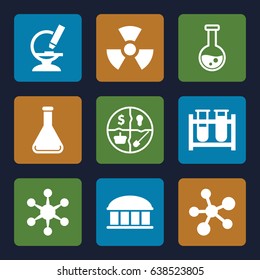 Research icons set. set of 9 research filled icons such as observatory, test tube, microscope, radiation, marketing, atom