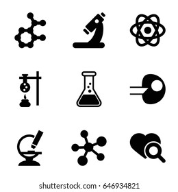 Research icons set. set of 9 research filled icons such as heart search, microscope, atom, core