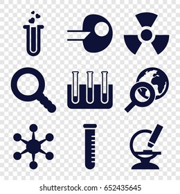 Research icons set. set of 9 research filled icons such as heart test tube, microscope, test tube, search, radiation, globe search, core