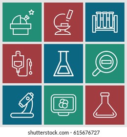 Research icons set. set of 9 research outline icons such as drop counter, microscope, test tube, zoom out, observatory