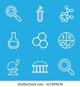Research icons set. set of 9 research outline icons such as observatory, heart search, heart test tube, microscope, search, test tube, atom, chemical structure