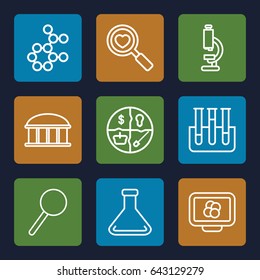 Research icons set. set of 9 research outline icons such as observatory, heart search, test tube, magnifier, microscope, atom, atom on display