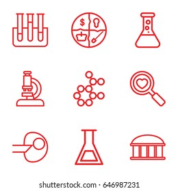 Research icons set. set of 9 research outline icons such as observatory, heart search, test tube, core, microscope, atom