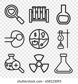 Research icons set. set of 9 research outline icons such as heart search, test tube search, test tube, radiation, core