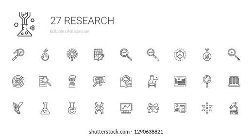 research icons set. Collection of research with analytics, atom, vision, potion, hermes, periodic table, flask, search, virus, scientist. Editable and scalable research icons.