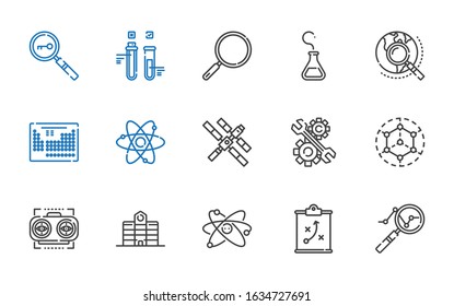 research icons set. Collection of research with analytics, strategy, atom, university, vision, modeling, development, space station, periodic table. Editable and scalable research icons.