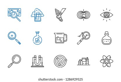 research icons set. Collection of research with atom, proteins, atoms, flask, loupe, potion, analytics, beaker, zoom in, searching, magnetic field. Editable and scalable research icons.