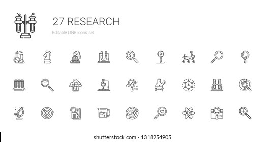 research icons set. Collection of research with atom, magnifying glass, atoms, beaker, observe, microscope, modeling, flask, analytics, zoom out. Editable and scalable research icons.