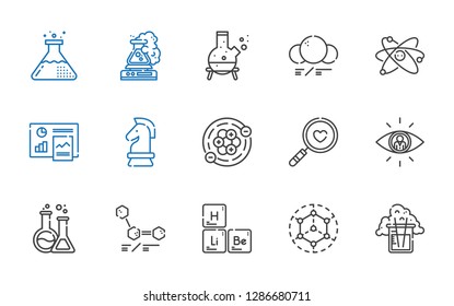 research icons set. Collection of research with flask, modeling, periodic table, molecules, searching, magnifying glass, atoms, strategy. Editable and scalable research icons.