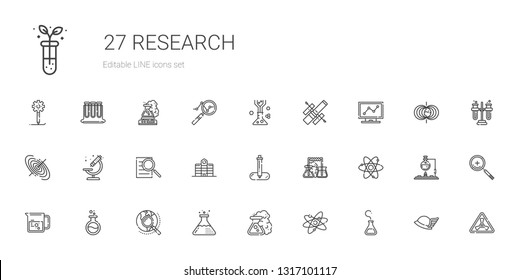 research icons set. Collection of research with flask, atom, explore, beaker, pipette, university, searching, microscope, black hole, analytics. Editable and scalable research icons.