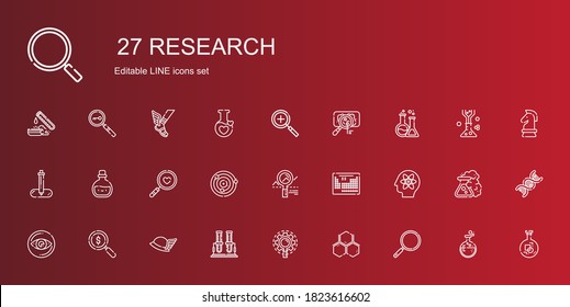 research icons set. Collection of research with loupe, molecule, test tube, hermes, vision, atom, periodic table, analytics, atoms, magnifying glass. Editable and scalable research icons.
