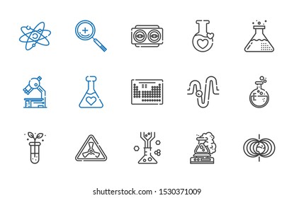 research icons set. Collection of research with magnetic field, flask, nuclear, test tube, physics, periodic table, potion, microscope, vision. Editable and scalable research icons.