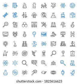 research icons set. Collection of research with microscope, urinal, magnetic field, hermes, analytics, atom, vision, potion, flask, zoom in. Editable and scalable research icons.