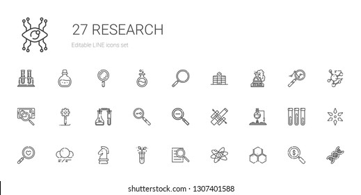 research icons set. Collection of research with molecule, atom, searching, test tube, strategy, magnifying glass, flask, hubble space telescope. Editable and scalable research icons.