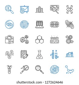 research icons set. Collection of research with molecules, atoms, zoom out, analytics, test tube, proteins, potion, trial, physics, development. Editable and scalable research icons.