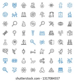 research icons set. Collection of research with potion, test tubes, nuclear, molecule, atomic, atom, zoom in, hubble space telescope, test tube. Editable and scalable research icons.