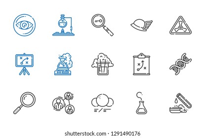 research icons set. Collection of research with test tube, flask, molecule, analysis, loupe, dna, strategy, nuclear, hermes, vision. Editable and scalable research icons.