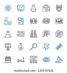 research icons set. Collection of research with test tube, magnetic field, moon rover, test tubes, dna, molecule, loupe, flask, strategy. Editable and scalable research icons.