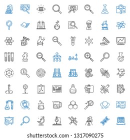 research icons set. Collection of research with test tubes, dna, flask, space station, microscope, loupe, analytics, molecule, beaker, explore. Editable and scalable research icons.