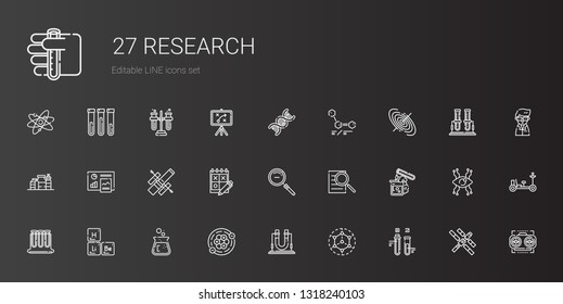 research icons set. Collection of research with test tube, modeling, flask, atoms, periodic table, test tubes, searching, zoom out, trial. Editable and scalable research icons.