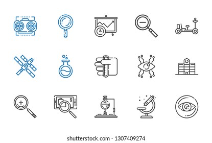 research icons set. Collection of research with vision, microscope, flask, searching, zoom in, university, test tube, space station, moon rover. Editable and scalable research icons.
