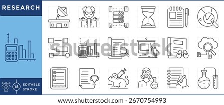 Research icons set. Lab building, scientist, database, hourglass, statistical, book, online research, and many more. Vector editable stroke.