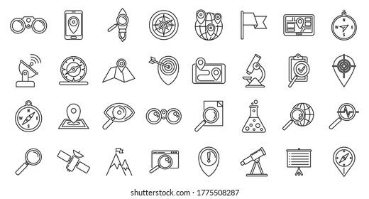 Research icons set. Outline set of research vector icons for web design isolated on white background