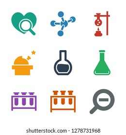 research icons. Trendy 9 research icons. Contain icons such as zoom out, test tube, observatory, atom, heart search. research icon for web and mobile.