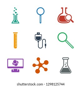 research icons. Trendy 9 research icons. Contain icons such as test tube, atom, atom on display, magnifier, drop counter, test tube search, heart test tube. research icon for web and mobile.