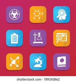 Research icons. vector collection filled research icons set.. includes symbols such as clipboard, search graph, microscope, molecule. use for web, mobile and ui design.