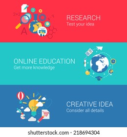 Research idea concept flat icons set of science researching online education knowledge creative idea and vector web illustration website click infographics elements collection