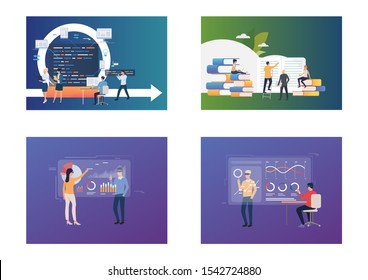 Research illustration set. People analyzing programming codes, reading books, studying graphs. Marketing concept. Vector illustration for landing pages, presentation slide templates