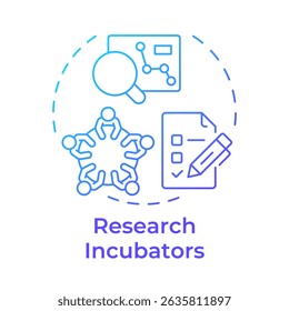 Forschung Inkubatoren blau Farbverlauf Konzept Symbol. Teamwork, Brainstorming. Statistische Metriken, Analytik. Runde Liniendarstellung. Abstrakte Idee. Grafikdesign. Einfache Verwendung in Infografik, Broschüre