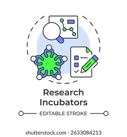 Ícone de conceito multi cor de incubadoras de pesquisa. Trabalho em equipe, brainstorm. Métricas estatísticas, análises. Ilustração de linha de forma redonda. Ideia abstrata. Design gráfico. Fácil de usar em infográfico, brochura